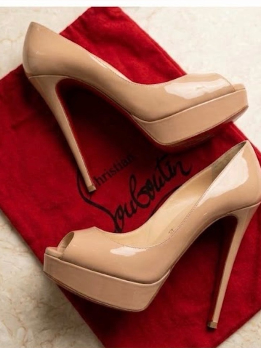 Christian Louboutin Nude Patent Peep-Toe Platform Pumps